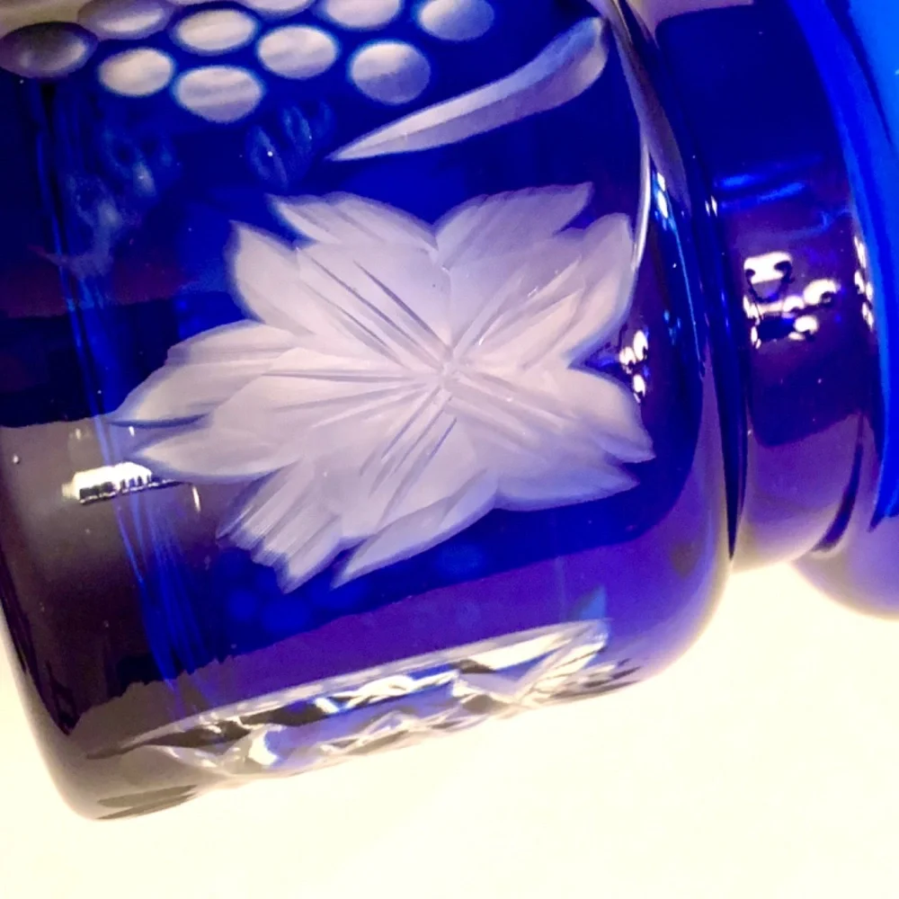 Vintage 1950s Cobalt Blue Crystal Cut Honey/Jam Jar with Lid